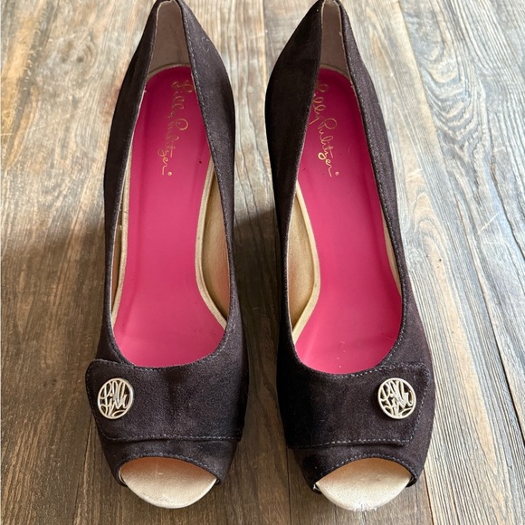 Lilly Pulitzer Brown Suede Peep Toe Wedges - Picture 11 of 12
